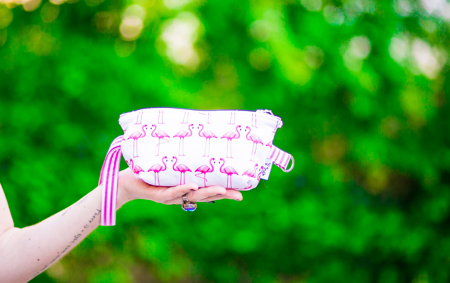 Cosmetic Bag Dog Leash Bag Wristlet Purse with Foodsafe Waterproof Lining Flamingo Dance