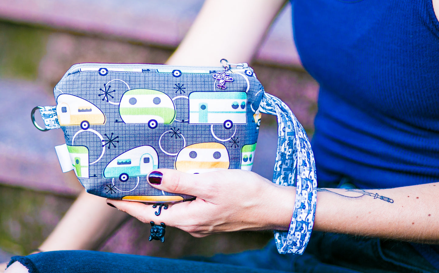 Cosmetic Bag Dog Leash Bag Wristlet Purse with Foodsafe Waterproof Lining Retro RV Happy Camper