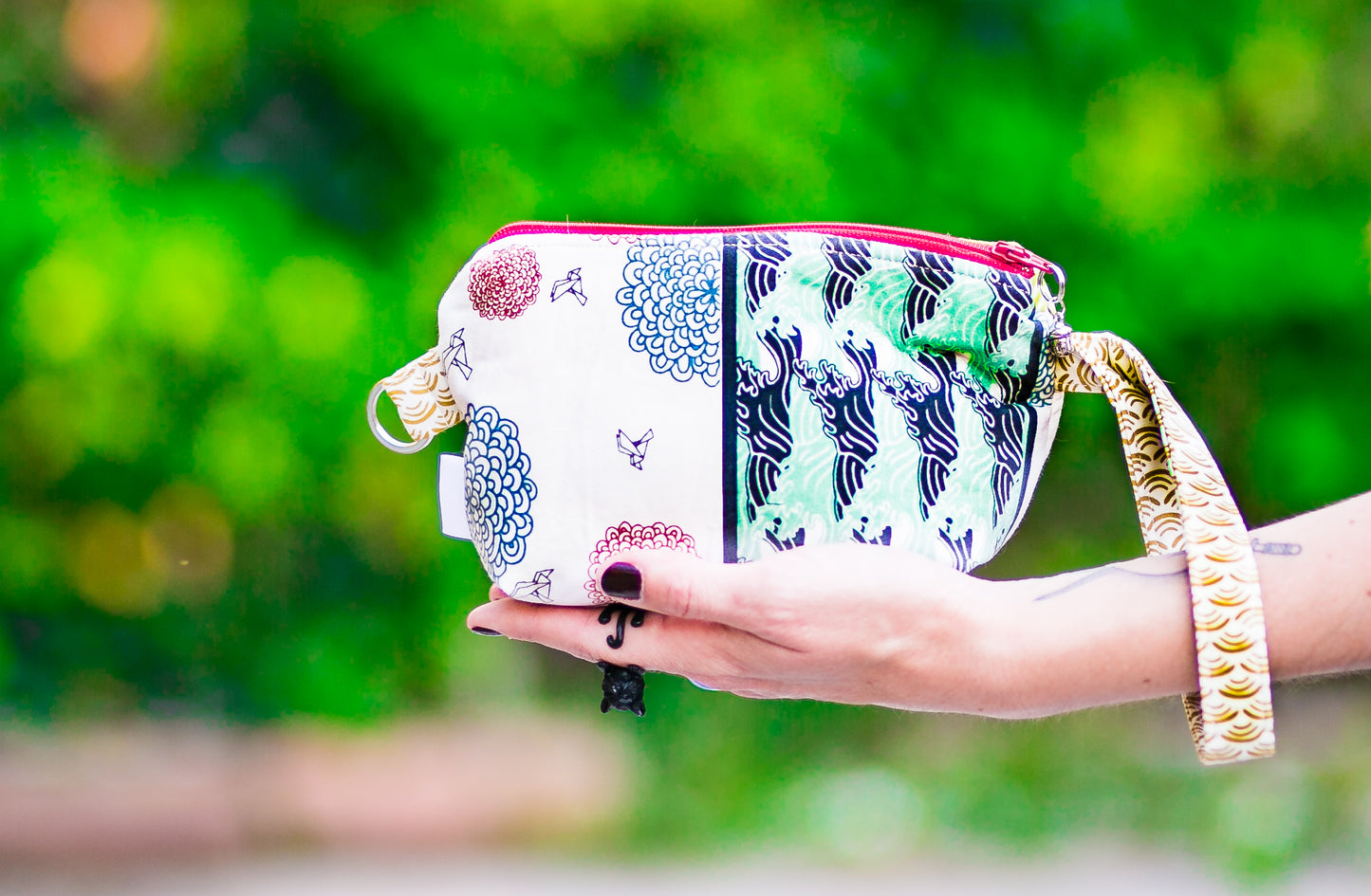 Cosmetic Bag Dog Leash Bag Wristlet Purse with Foodsafe Waterproof Lining Kokka Japan Potluck Mixed Fabric Koi Fish