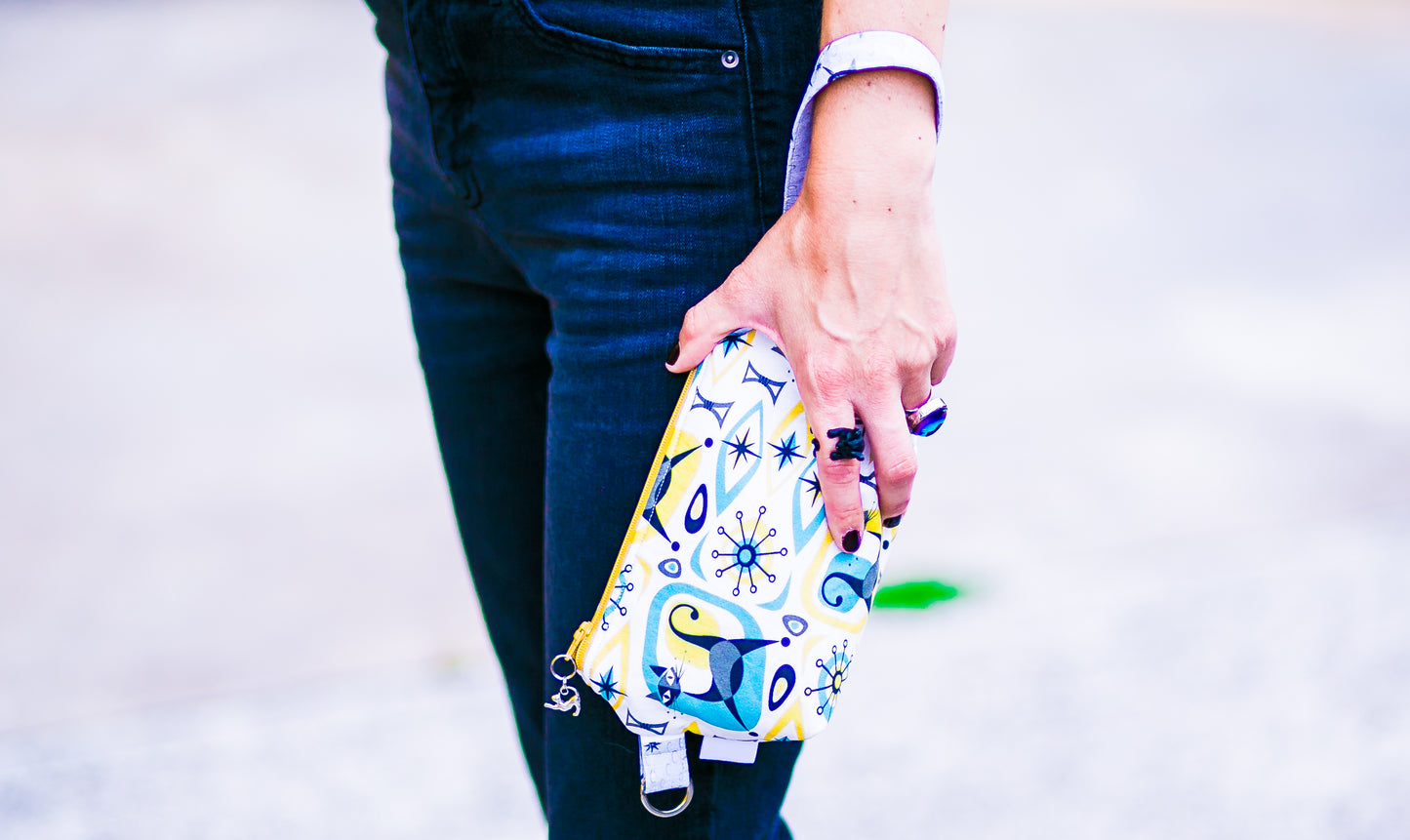 Cosmetic Bag Dog Leash Bag Wristlet Purse with Foodsafe Waterproof Lining Mid Century Modern Cat Abstract