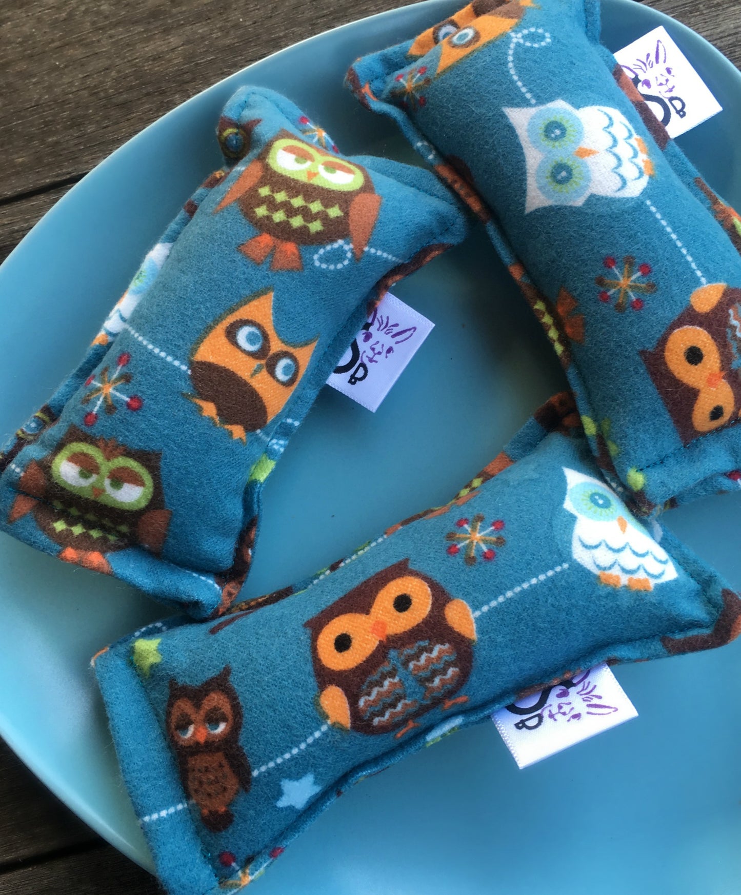 Flannel Mini Kitty Nip Kicker Catnip Toy in Teal Hoot Owl Role Call