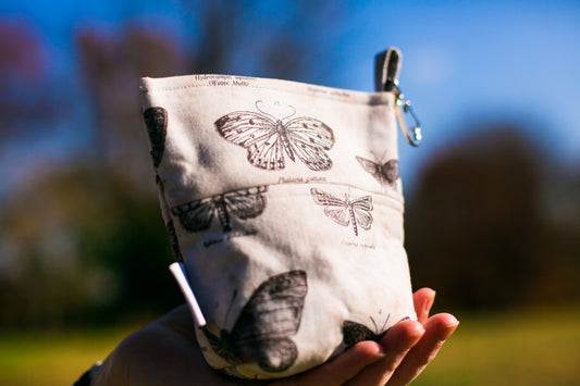 Fun Premium Treat and Pickup Bags Carry Pouch Food Safe Waterproof Lining Choice of Clasps Butterfly Butterflight Taupe