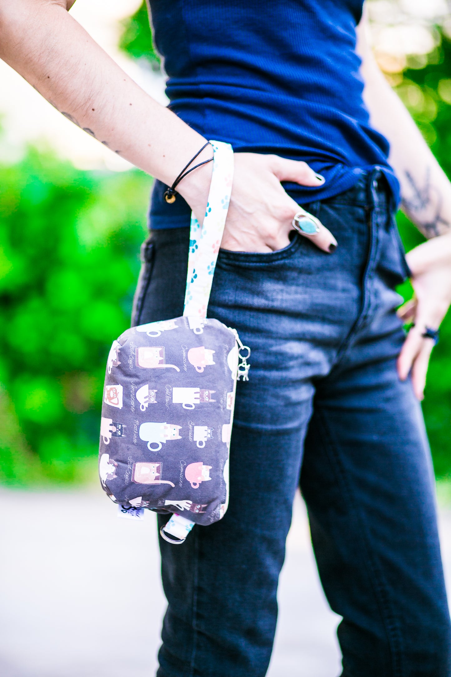 Cosmetic Bag Dog Leash Bag Wristlet Purse with Foodsafe Waterproof Lining Tiny Coffee Cats in Espresso