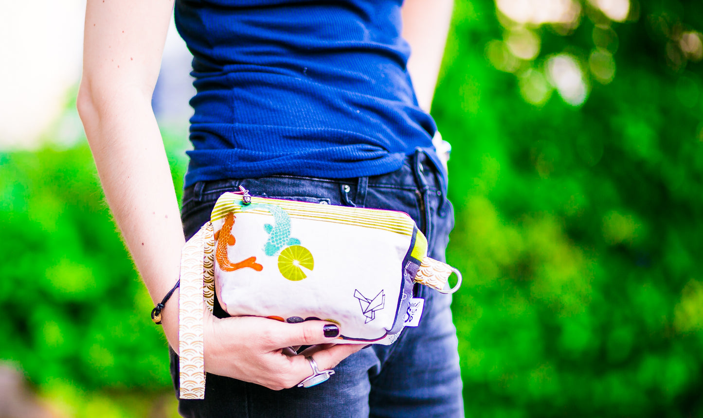 Cosmetic Bag Dog Leash Bag Wristlet Purse with Foodsafe Waterproof Lining Kokka Japan Potluck Mixed Fabric Koi Fish