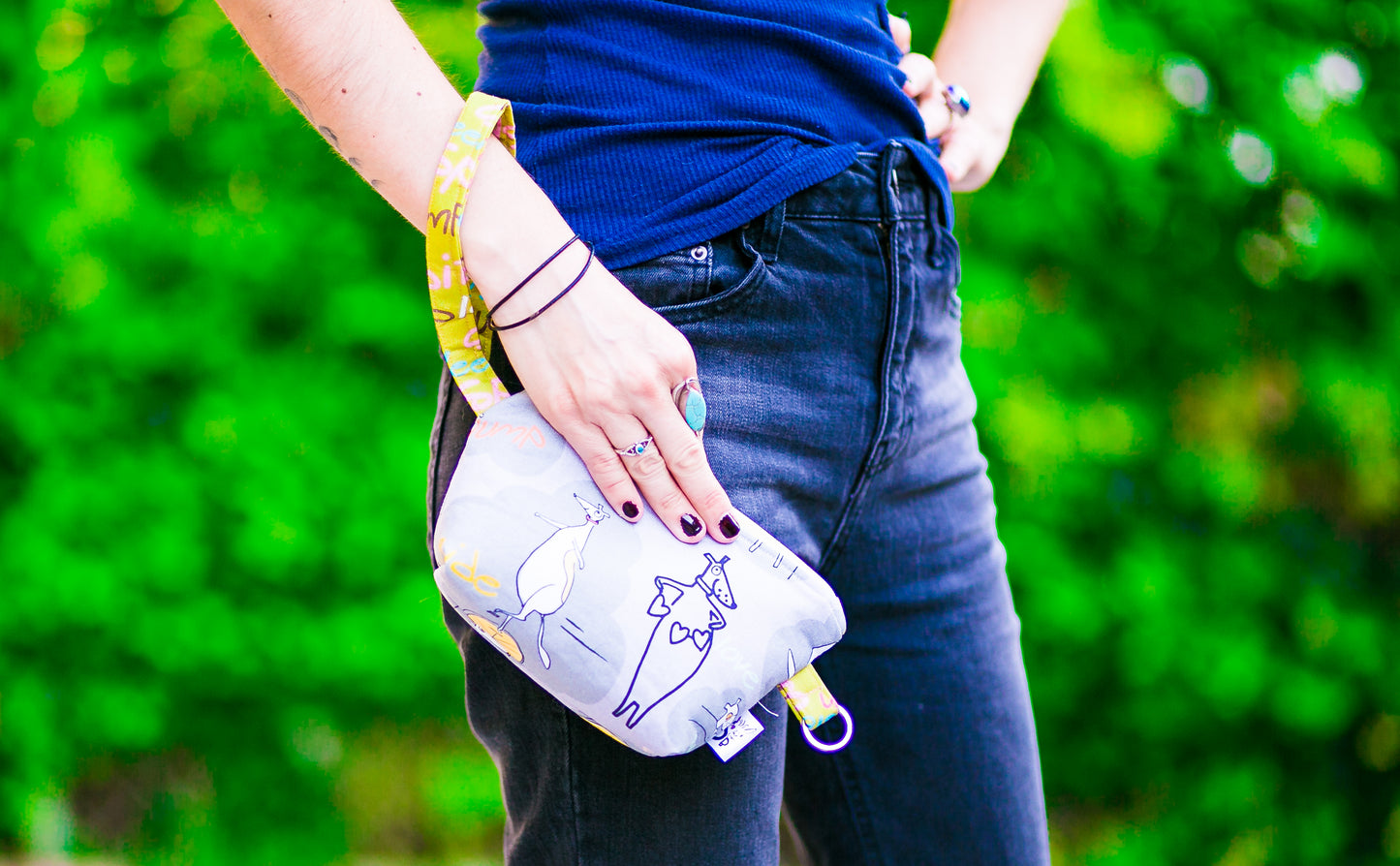 Wristlet Clutch Purse Pooch Pouch Leash Bag Paintbrush Studios Jump Ride Spin Dog in Bubbles Words Grey