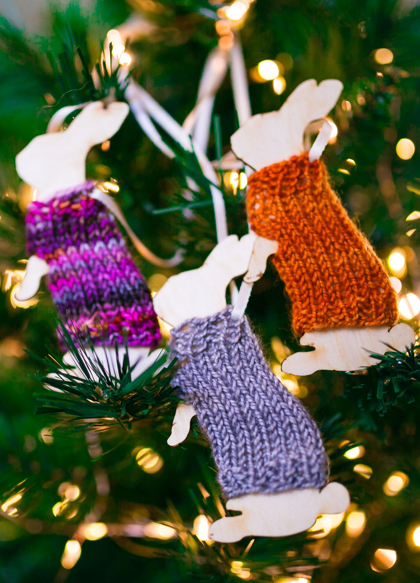 Holiday Decorations Ornaments Rabbits in Handknit Sweaters