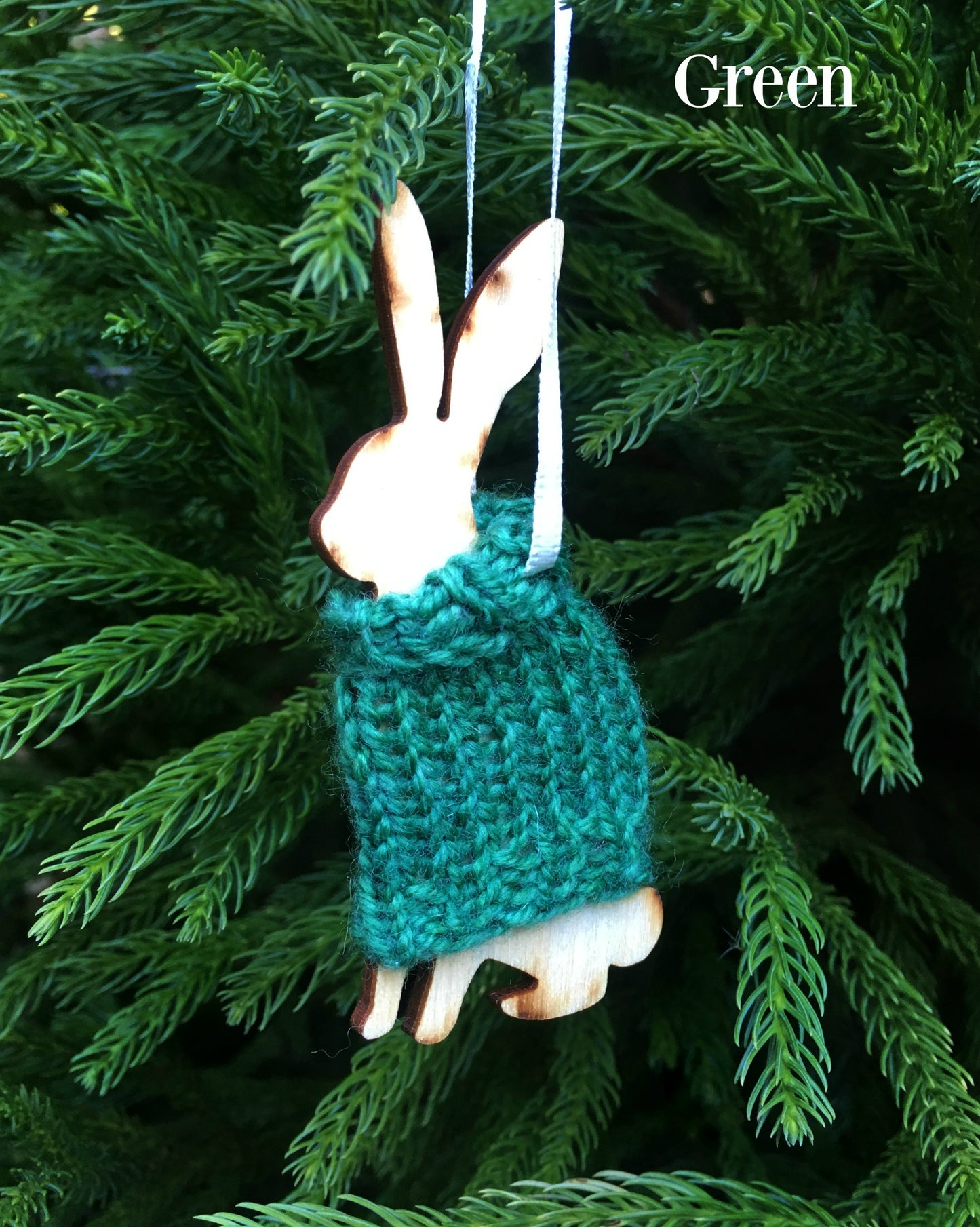 Holiday Decorations Ornaments Rabbits in Handknit Sweaters