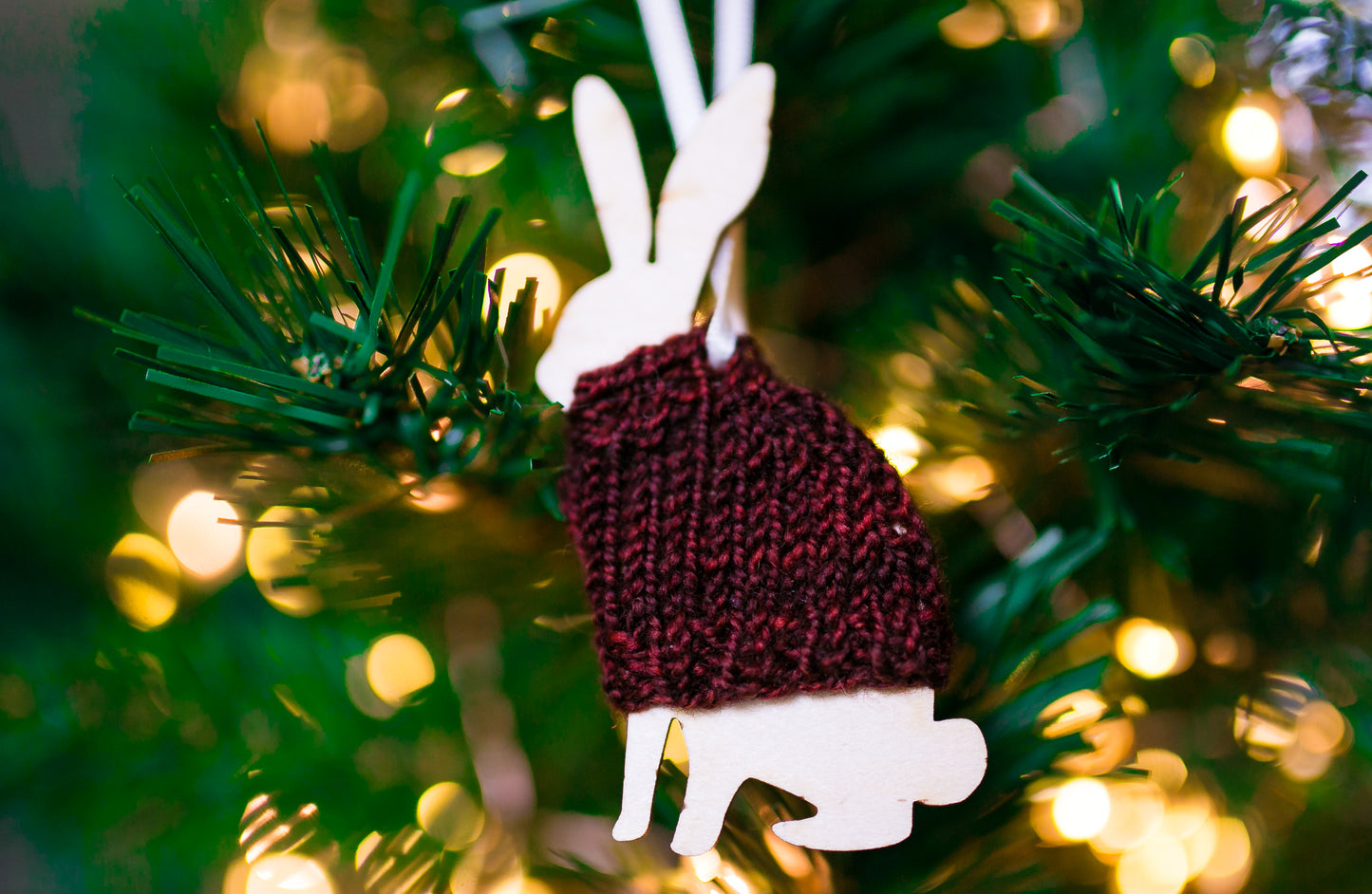 Holiday Decorations Ornaments Rabbits in Handknit Sweaters